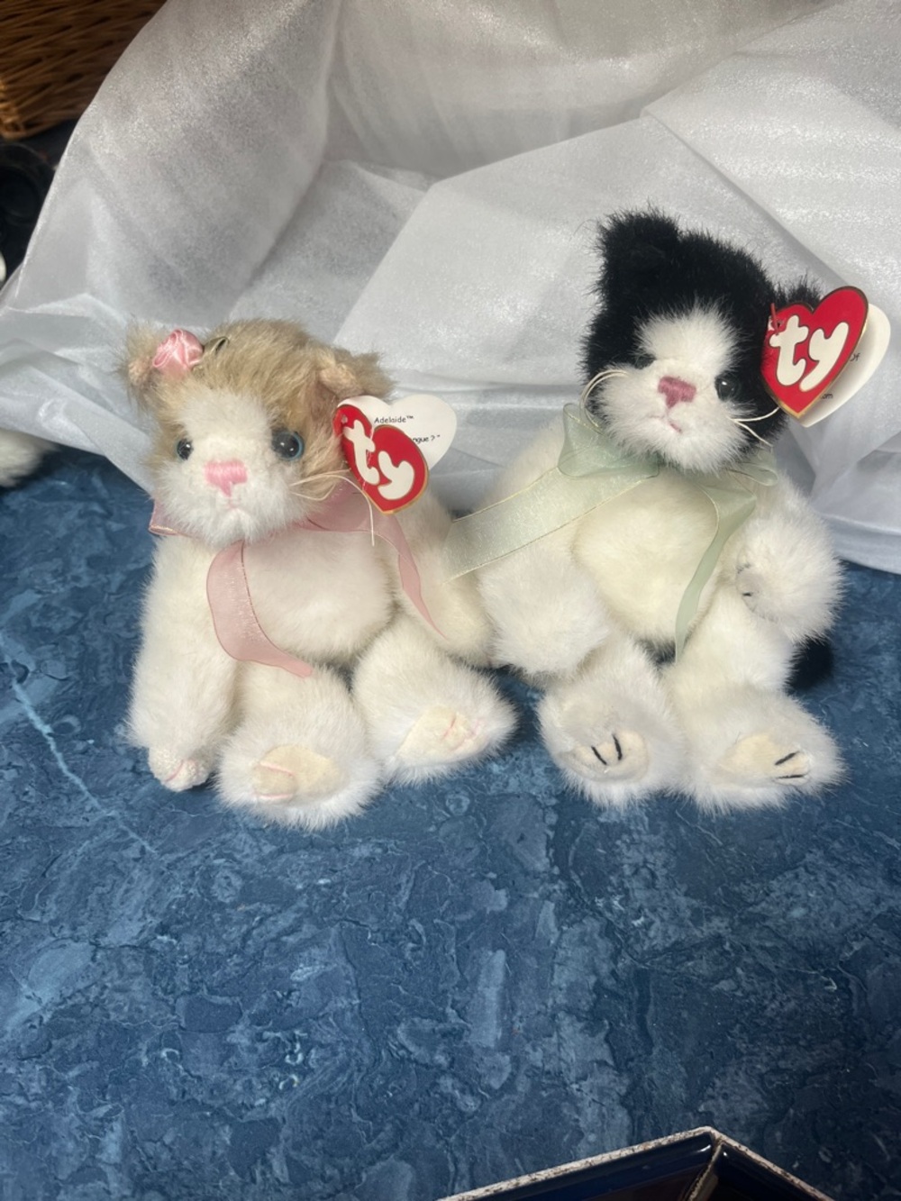 Ty White and Cream Plush Cat with Blue Eyes and Pink Ribbon